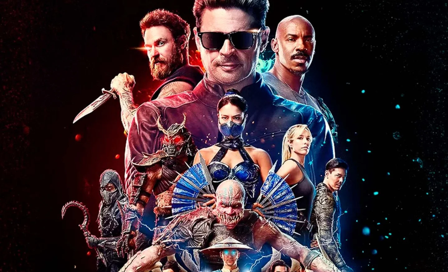 Personagens do filme Mortal Kombat reunidos em fundo preto