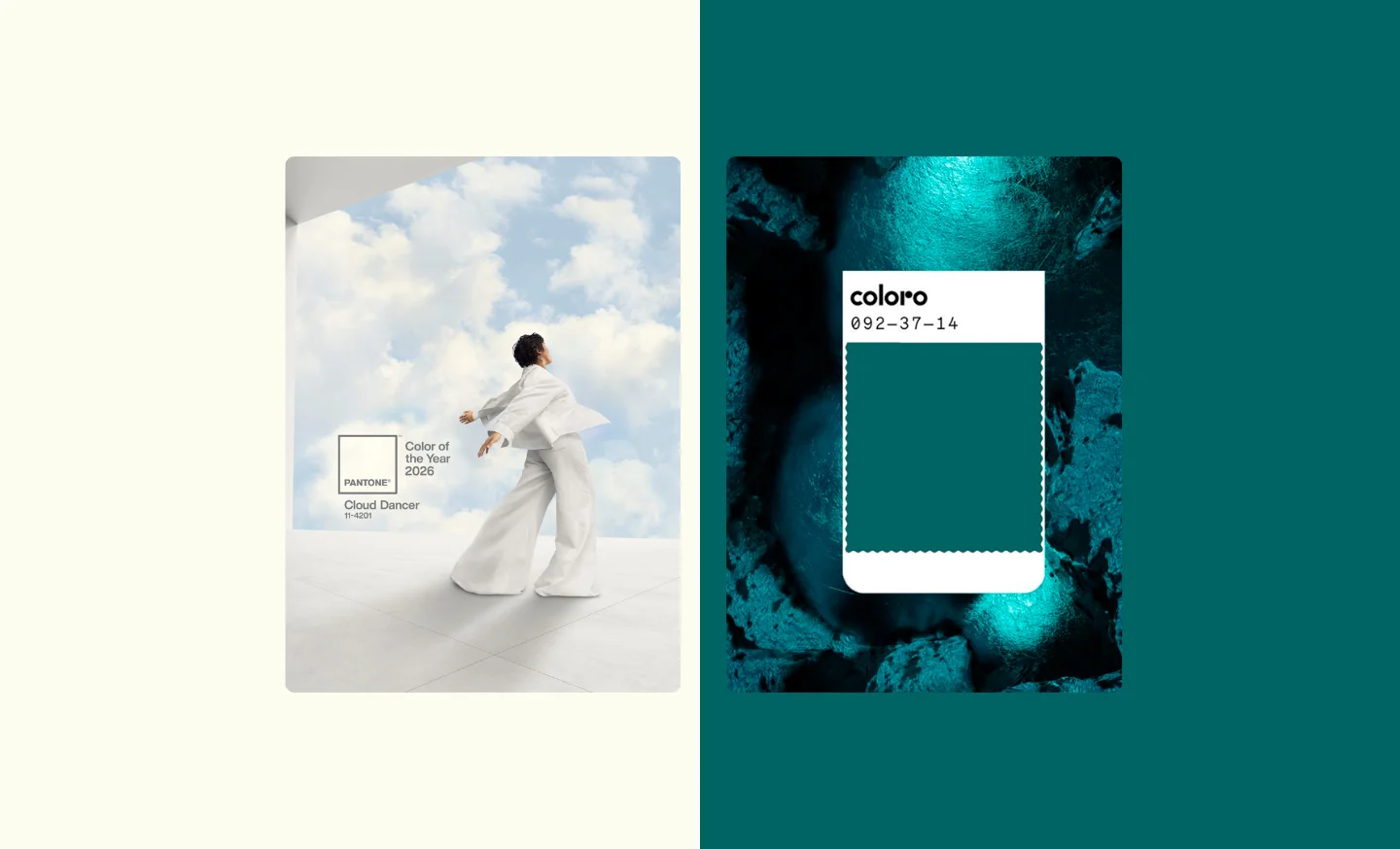 Cores do ano elegidas pela Pantone e WGSN lado a lado com fundo metade branco e metade verde