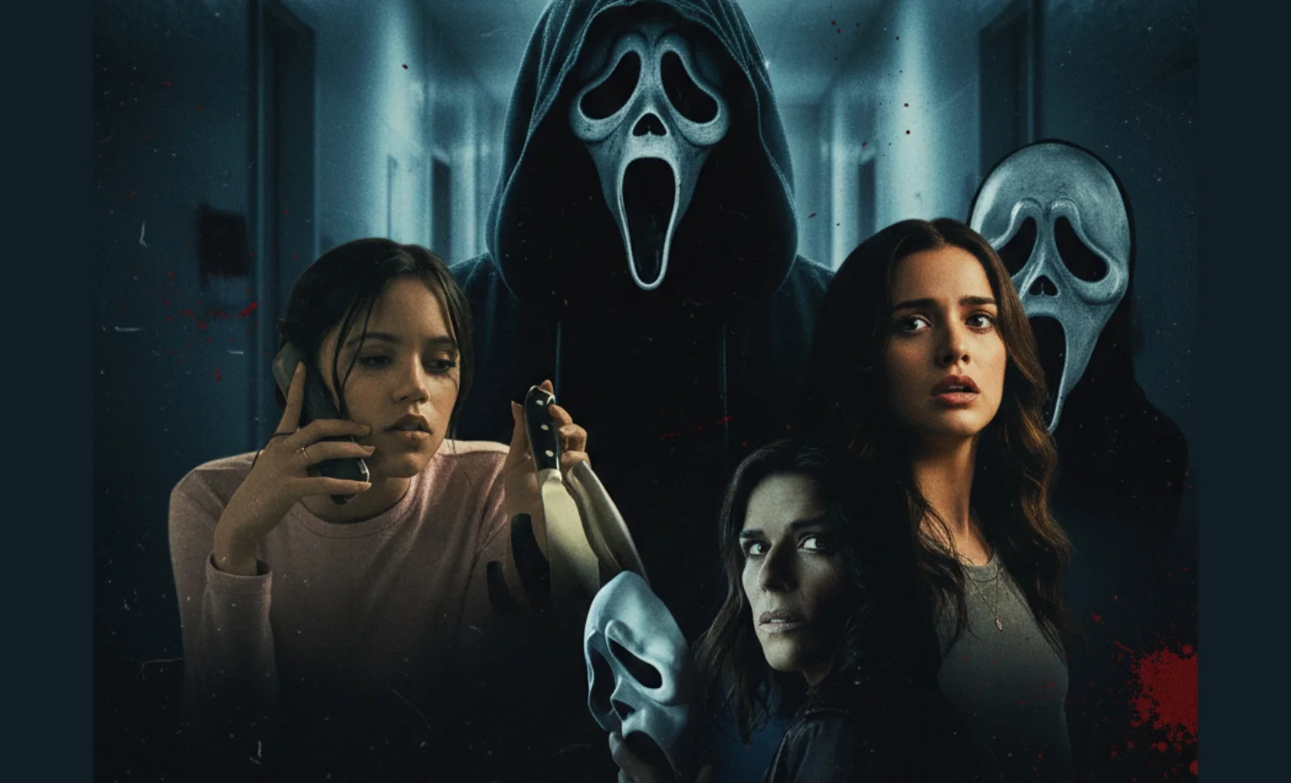 Colagem com personagens de filmes da franquia Pânico em fundo preto