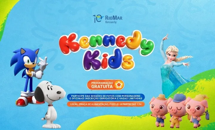 Texto "Kennedy Kids" e personagens de desenhos animados em vetor em fundo azul