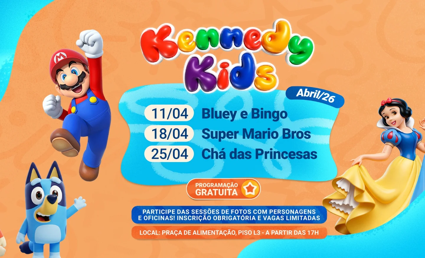 Kennedy Kids em abril com Bluey e Bingo, Super Mario Bros e muito mais, confira: