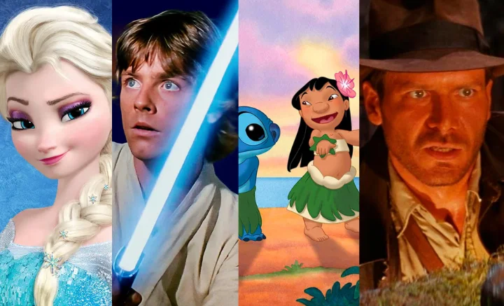 Colagem com personagens de produções cinematográficas, como Elsa de Frozen, Luke Skywalker de Star Wars, Lilo & Stitch e Indiana Jones