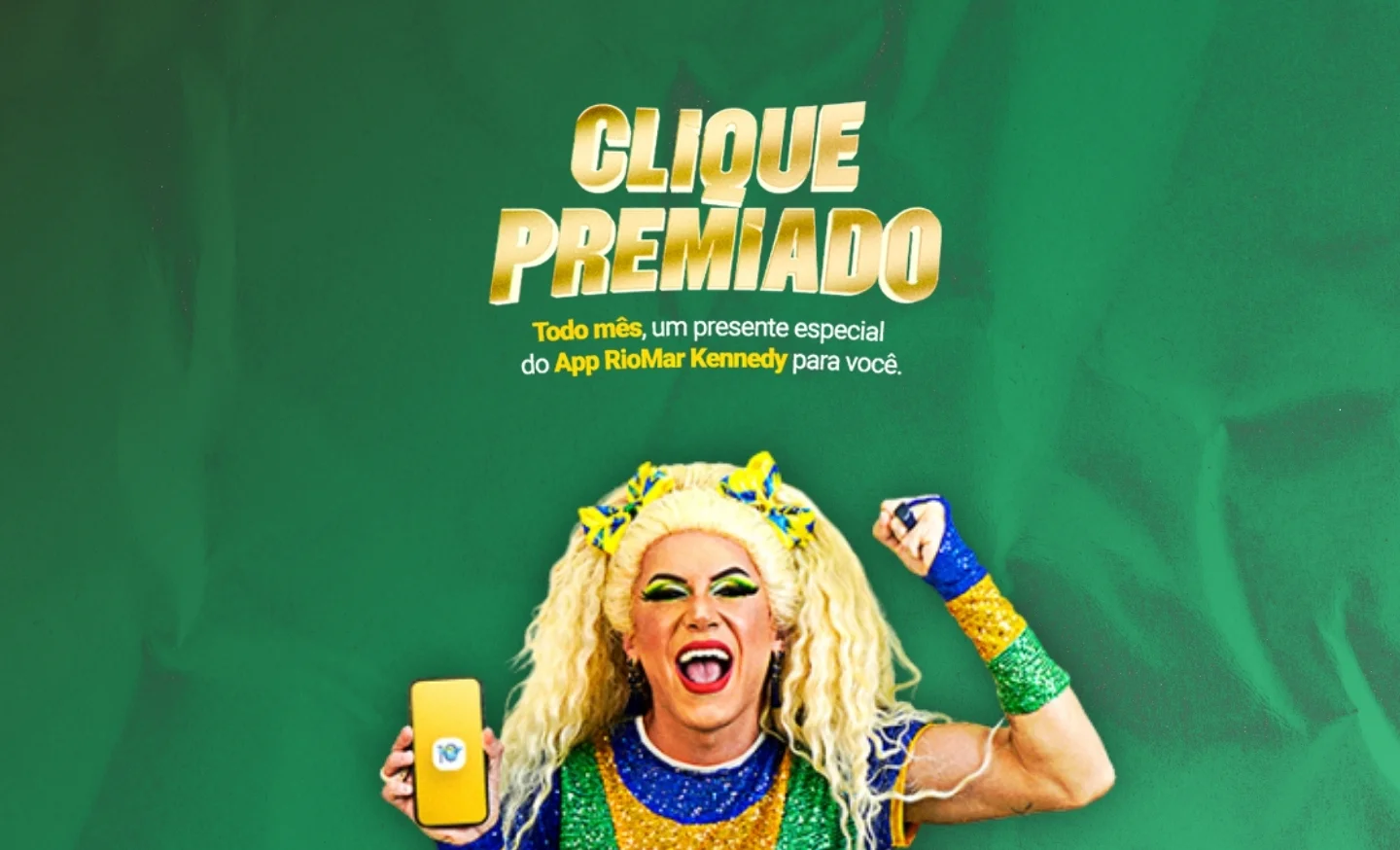 Texto "Clique Premiado" na parte superior da tela com uma drag queen na parte inferior em fundo verde