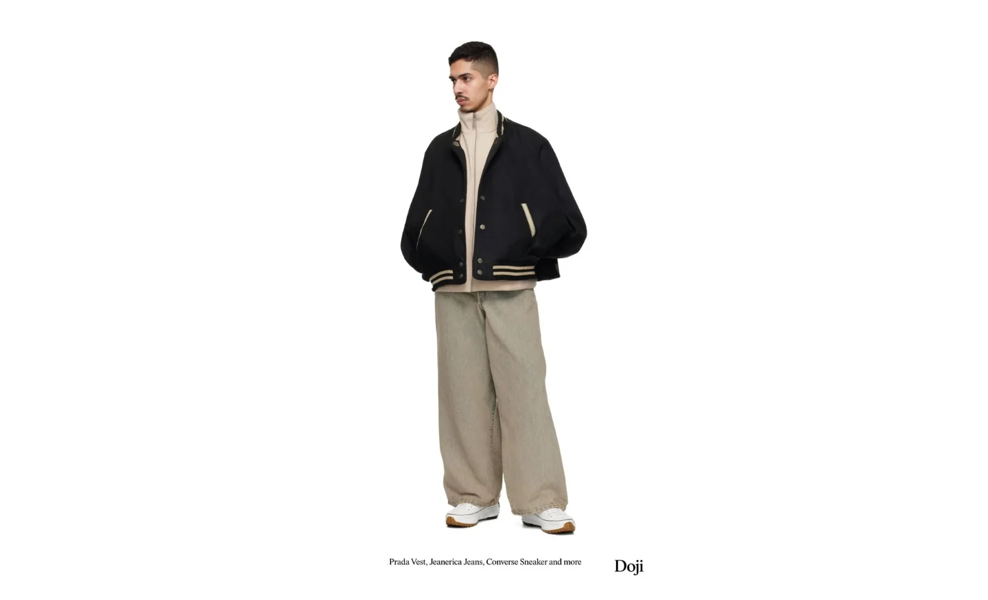 Homem usando combinação de peças gerada pelo App Doji com texto "Prada Vest, Jeanerica, Converse Sneaker and more" na parte inferior da foto em fundo branco