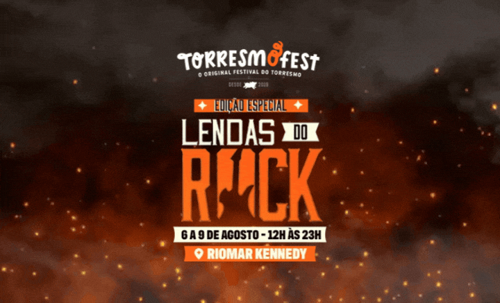 GIF promocional do TorresmoFest – edição especial Lendas do Rock, de 6 a 9 de agosto no RioMar Kennedy.