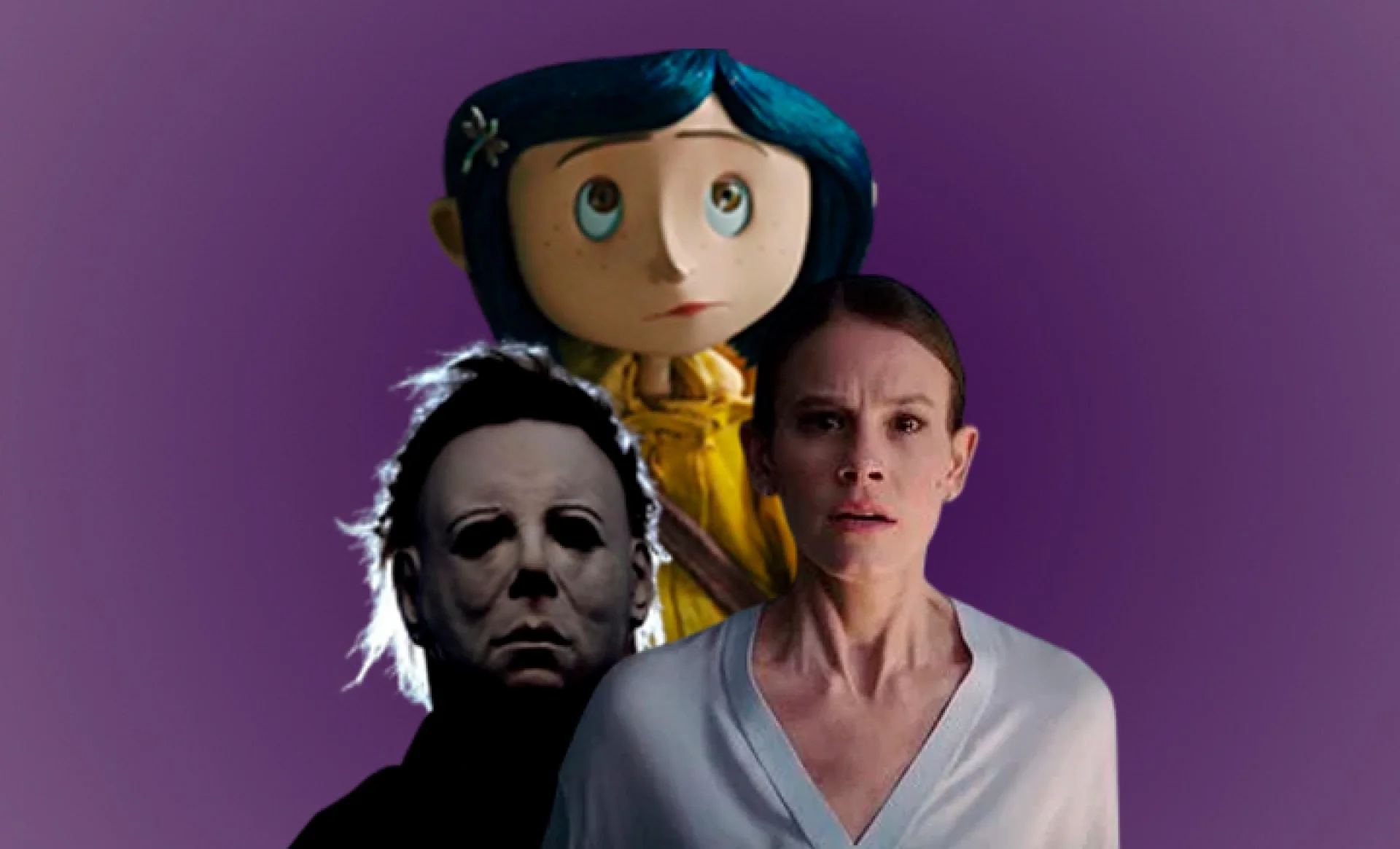 Fotos de personagens dos filmes Coraline, Sorria e Halloween em fundo roxo