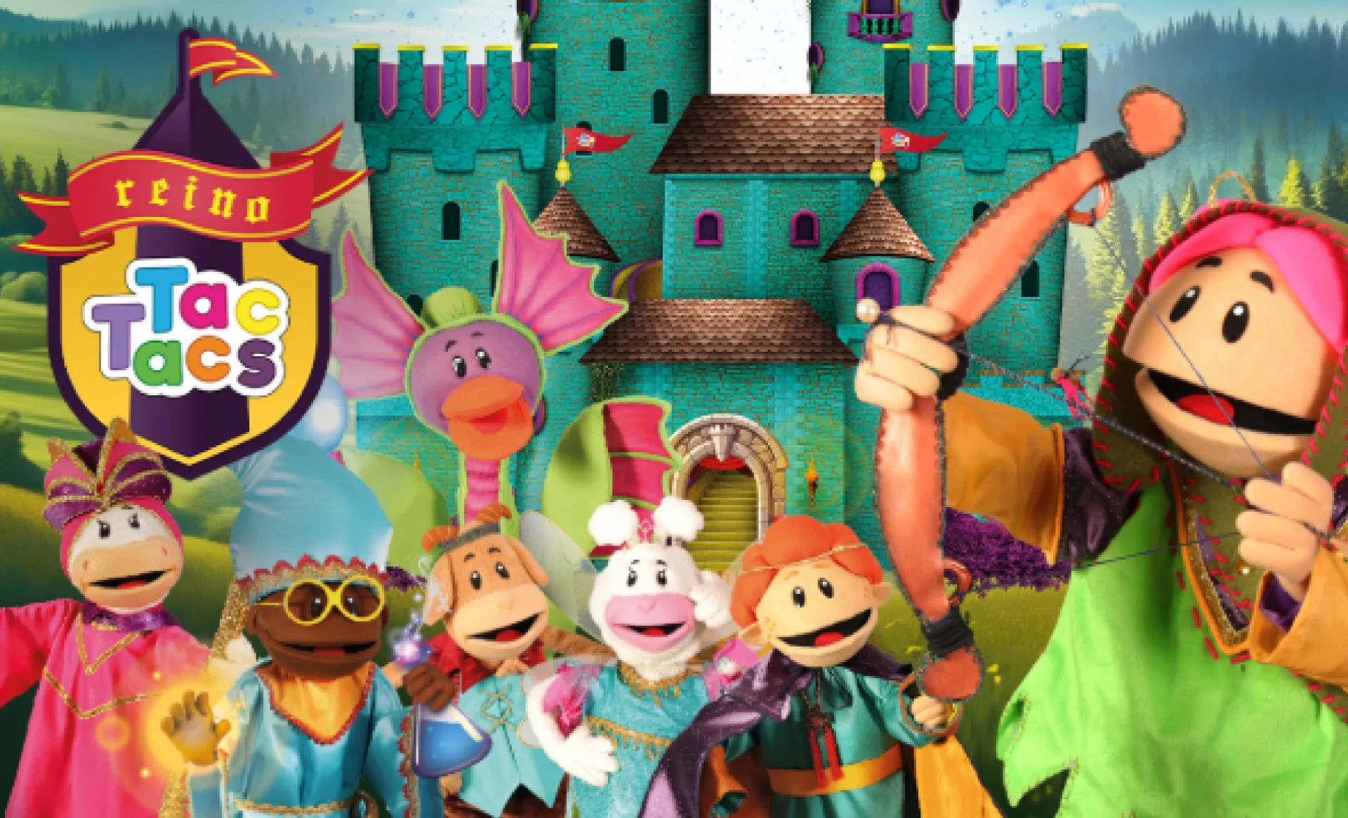 Personagens do parque Tac Tacs com castelo ao fundo